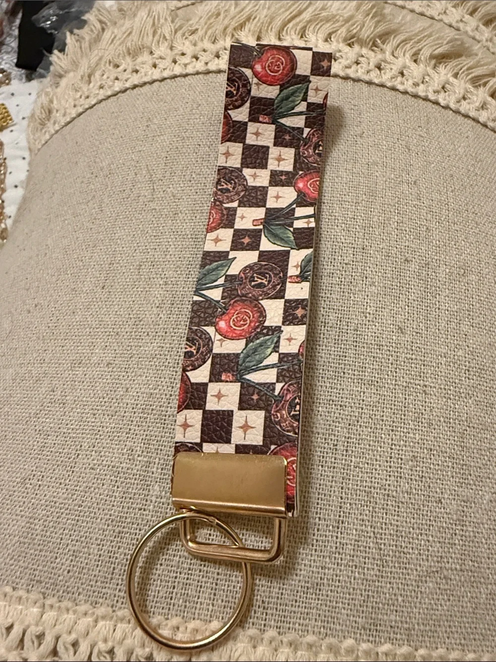 Floral Check Wrist Keyring with Gold Hardware